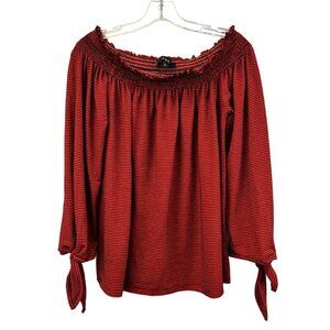 Joh Women’s Off Shoulder Orange/Black Striped Blouse Tied Cuffs Small